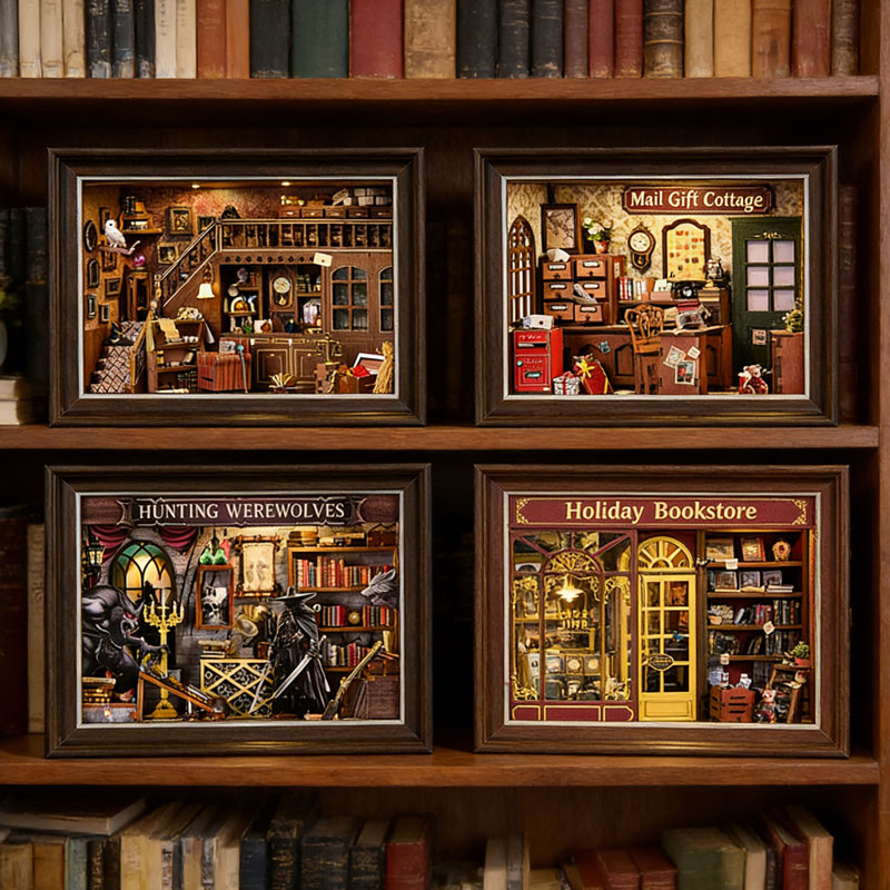 Engraved Wood Frame - DIY 3D Holz-Büchernische-Set, Miniatur-Puppenhaus mit LED-Beleuchtung,